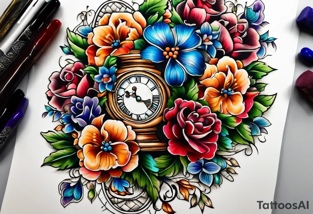 Floral leg piece with beading and lace tattoo idea. colorful, old school flowers, highly detailed, florals. white background. beautiful hourglass at the center, intricate highly detailed, tattoo idea