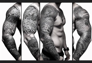 High contrast black and grey Japanese full arm tattoo tattoo idea