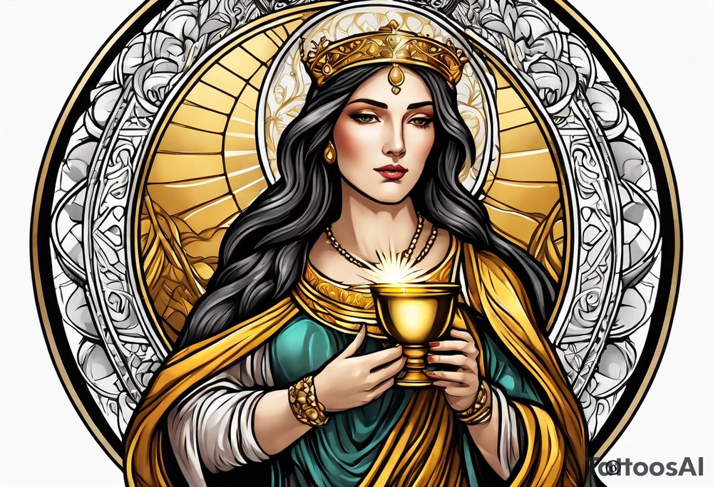 holy saint woman with golden halo holding a chalice tattoo idea