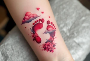 Deep red and pink footprints of little Viktor, with soft clouds floating nearby to symbolize his dreamy personality. tattoo idea