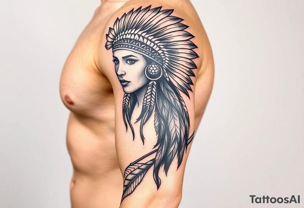 Native American girl with headdress the sun and arrowhead tattoo idea