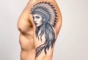 Native American girl with headdress the sun and arrowhead tattoo idea