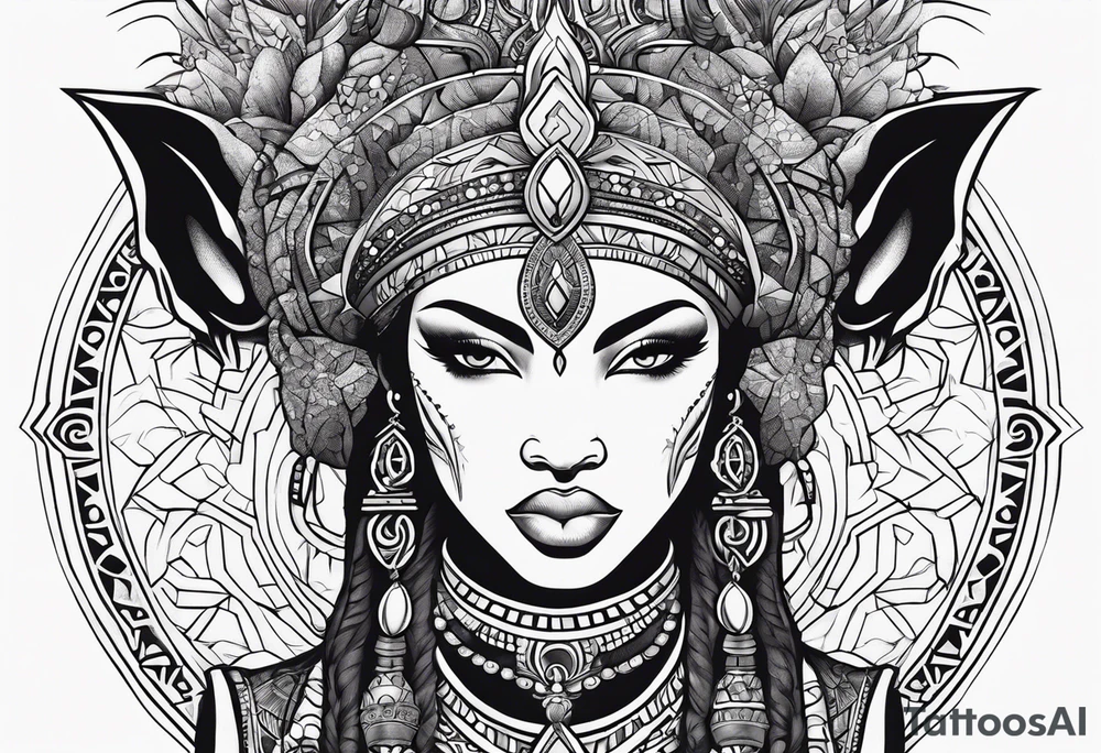 African deities, fierce queen , capricorn , numerology tattoo idea