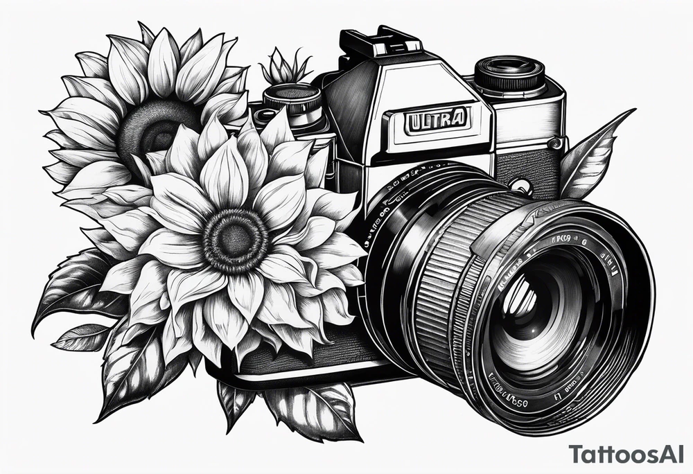 sunflower, camera, flower rose , book tattoo idea
