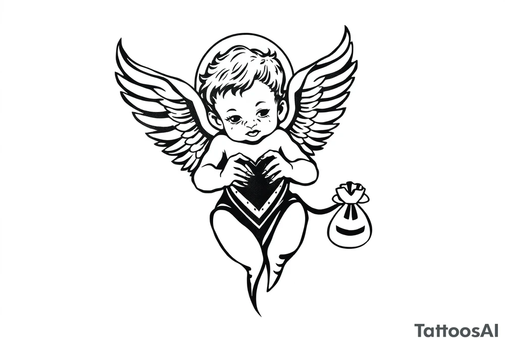 a baby angel holding a heart in one hand and a money bag in the other tattoo idea