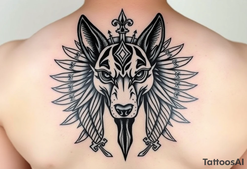 Egyptian Anubis god face muscle in Egypt style dog face surrounded Egyptian symbols tattoo idea