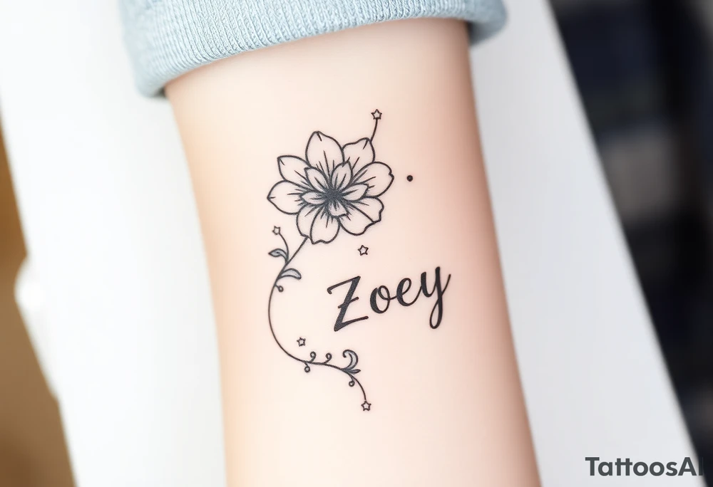 I want it on my wrist. I want a beautiful flower on the inside of my wrist with tendrils down the inside of my arm with little delicate stars or motes and the name Zoey

Why are you showing it on a back? I want it on the inside of my wrist

I want it to be a little smaller. I want the lines to be super fine. I want more organic delicate tendrils. The name Zoey should be about 3" up on the inside of my arm 

I just want the tendrils to look more natural and flowy and graceful.
I do not want stars in it anymore. 
Please show it on the inside of the wrist with the blossom just below the palm and the tendrils curling up the inside of the arm. I want a little more tendrils with some little sparkles very delicate leading to the name
More options. Make it super delicate and graceful. The tendrils can have tiny delicate leaves 

It needs to be on the underside of the wrist on the inside flowing up the arm tattoo idea