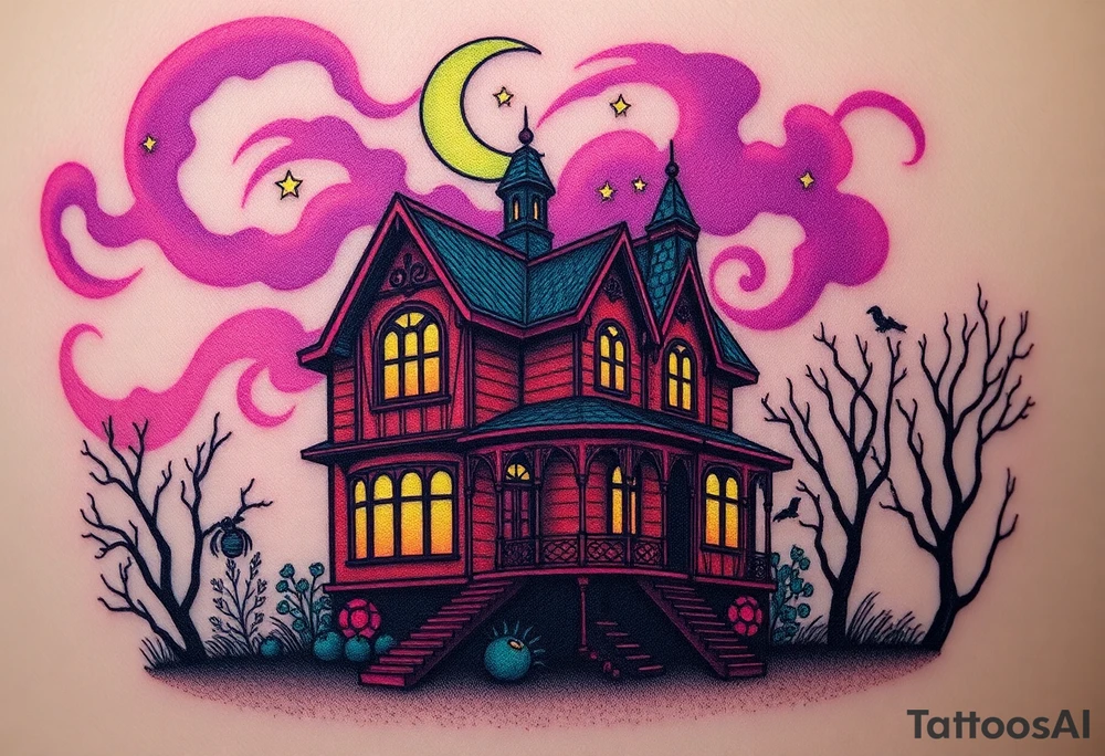 Tim Burton’s haunted victorian home is abandoned and dripping with muted reds, dusty pinks, and eerie green glow.purple and cyan smokey clouds swirl in the crescent moonlit sky thats sprinkled with stars tattoo idea tattoo idea