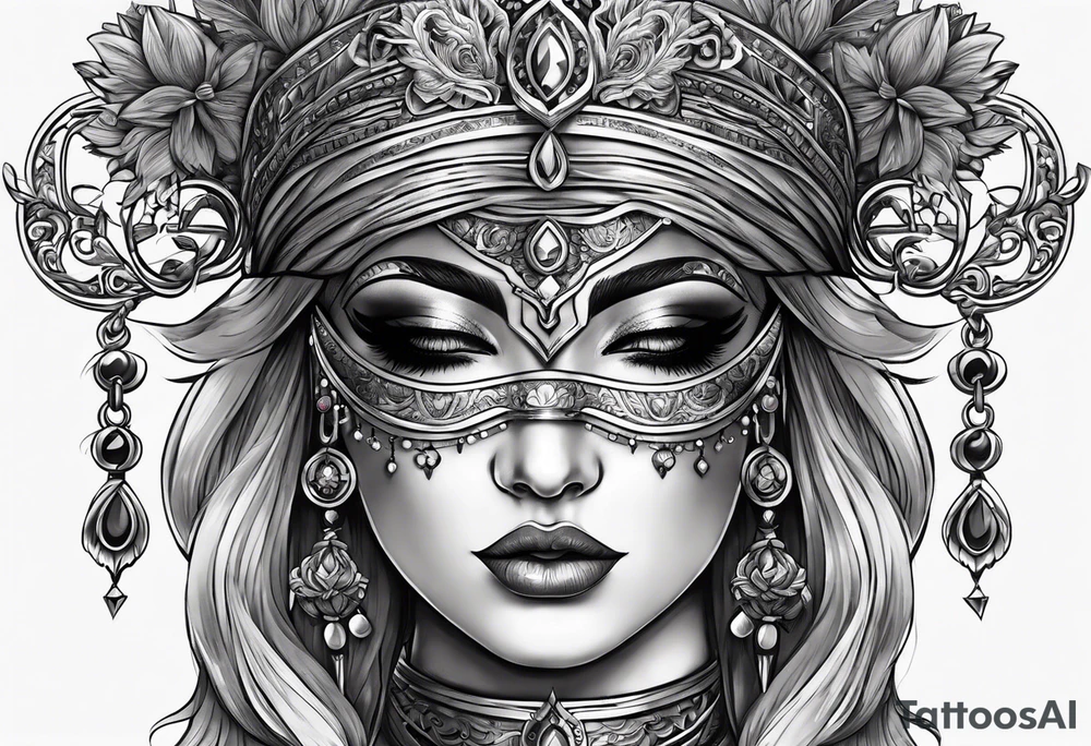 Blind folded goddess with libra and dagger tattoo idea