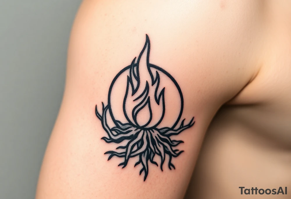 a round flame imprisoned in a roots circle tattoo idea