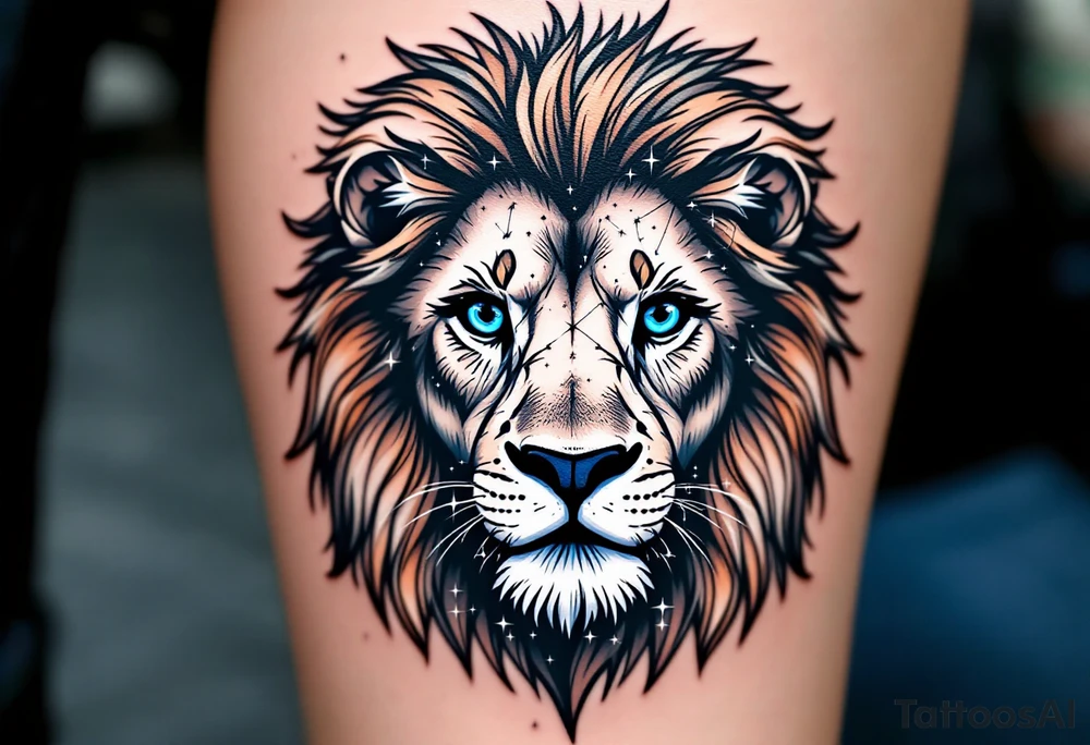 A blue-eyed lion in grayscale has the vivid Leo star constellation etched into its mane using white ink. tattoo idea