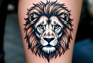 A blue-eyed lion in grayscale has the vivid Leo star constellation etched into its mane using white ink. tattoo idea