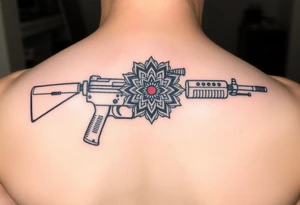 "Minimalist machine gun tattoo: Maxim 1910 outline flows into Tibetan mandala. Red dot sight is a tiny mirror. Black ink, geometric style, 10cm length. tattoo idea