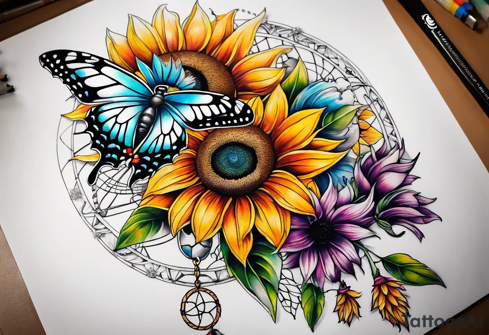Quarter Leg sleeve with dreamcatcher, rainbow sunflowers and one butterfly tattoo idea