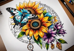 Quarter Leg sleeve with dreamcatcher, rainbow sunflowers and one butterfly tattoo idea