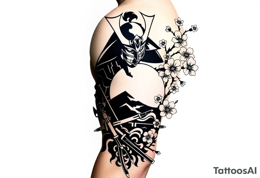 noble samurai warrior silhouette at sunset with cherry blossoms tattoo idea