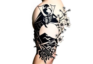 noble samurai warrior silhouette at sunset with cherry blossoms tattoo idea