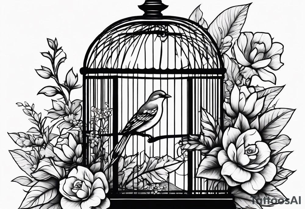neo traditional foliage and flowers only on the left top of a long bird cage tattoo idea