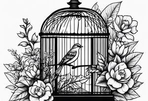 neo traditional foliage and flowers only on the left top of a long bird cage tattoo idea