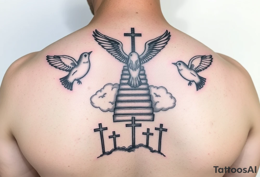 I want a tattoo on my lower arm, I want doves and three crosses at the bottom and I want stairs and clouds with a bible scripture tattoo idea