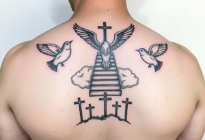 I want a tattoo on my lower arm, I want doves and three crosses at the bottom and I want stairs and clouds with a bible scripture tattoo idea