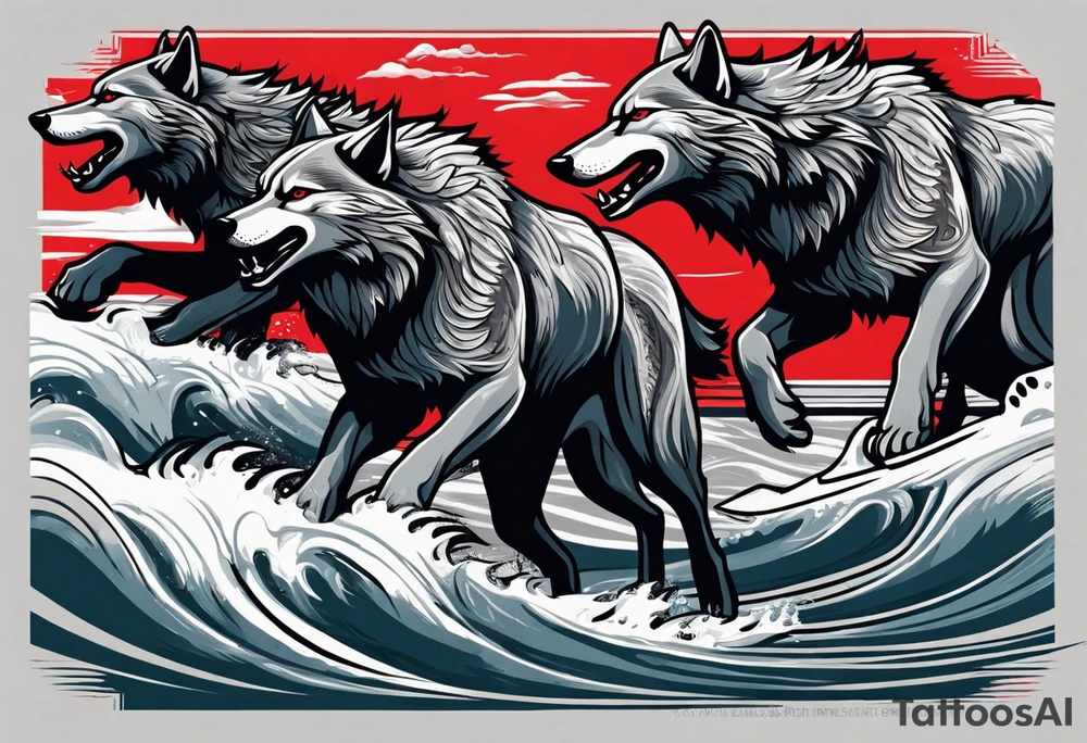 a pack of 3 howling muscular  gray wolves surfing waves with a linear background with red, white and black and gray including the word Howler in an aggressive script font tattoo idea