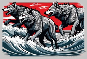 a pack of 3 howling muscular  gray wolves surfing waves with a linear background with red, white and black and gray including the word Howler in an aggressive script font tattoo idea