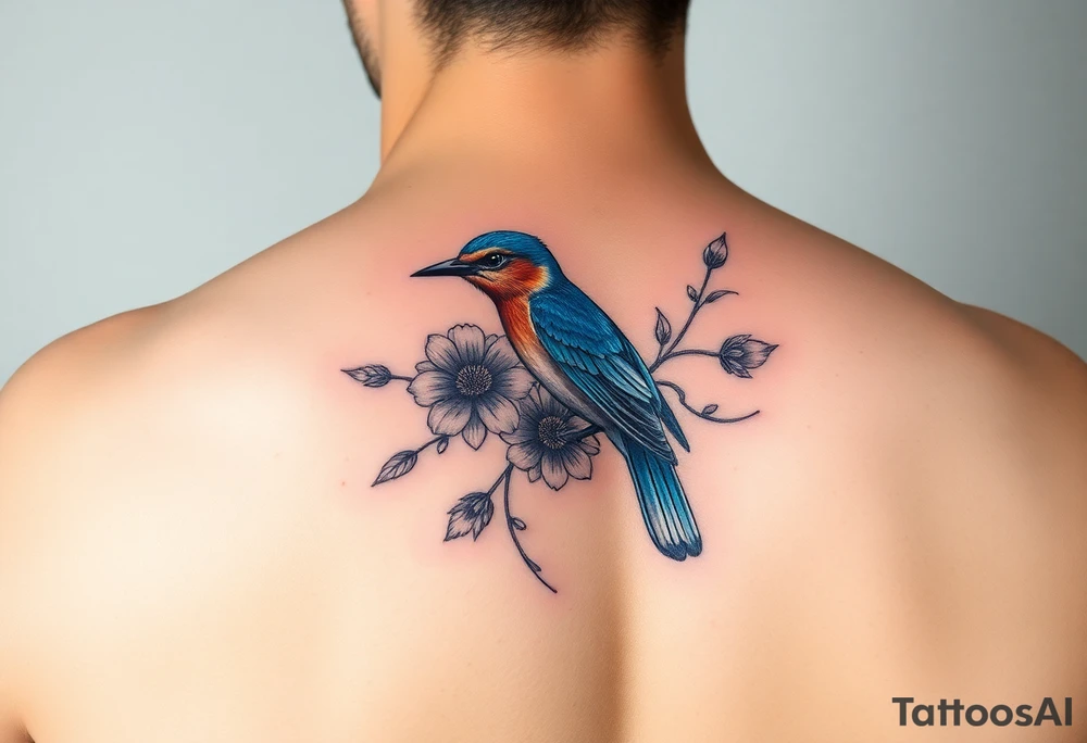 Bluebird with flowers tattoo idea