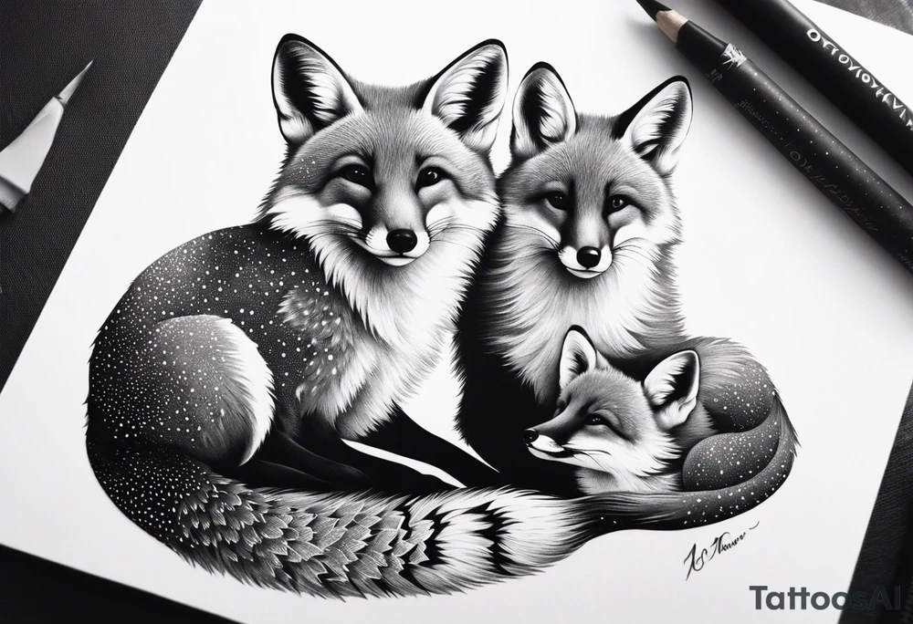 mom and baby fox, realistic tattoo idea