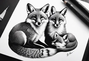 mom and baby fox, realistic tattoo idea