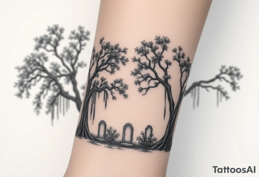 Laurel oak trees with Spanish moss in a cemetery tattoo idea