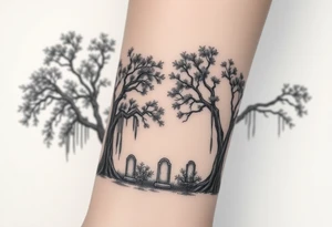 Laurel oak trees with Spanish moss in a cemetery tattoo idea