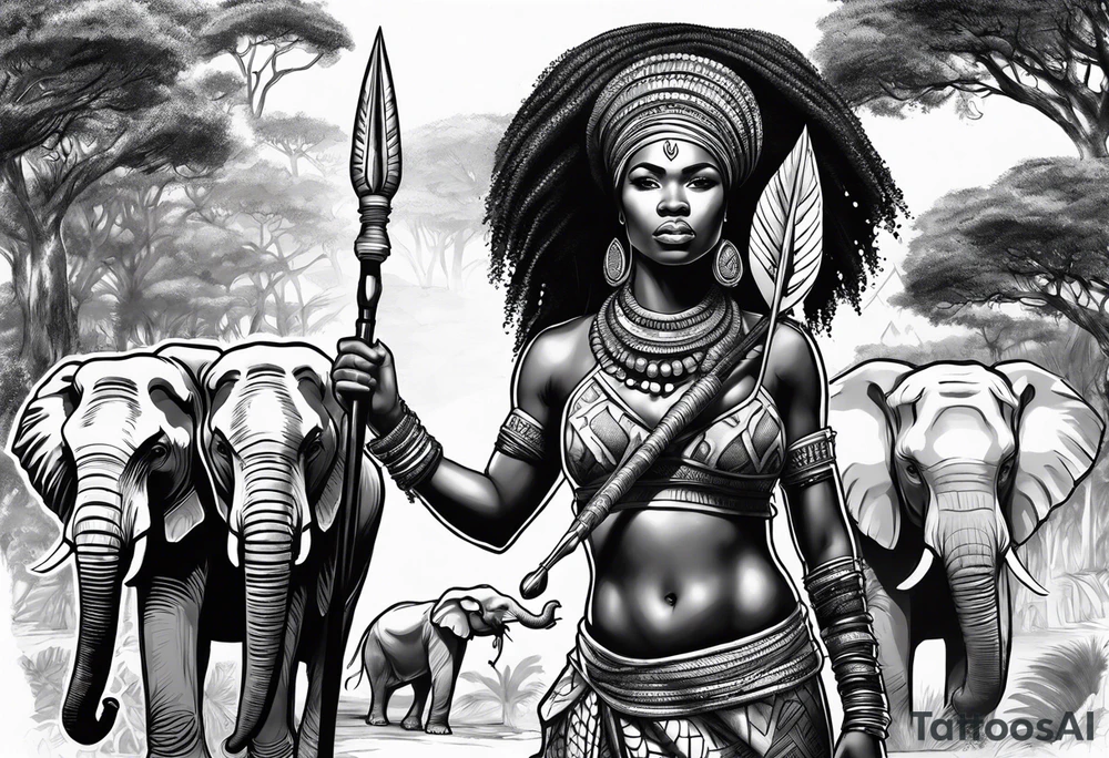 African woman warrior with spear in her hand with elephants and trees around her tattoo idea