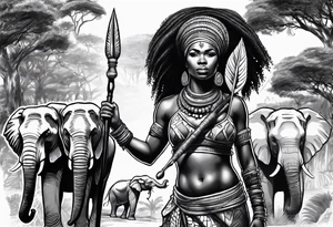 African woman warrior with spear in her hand with elephants and trees around her tattoo idea
