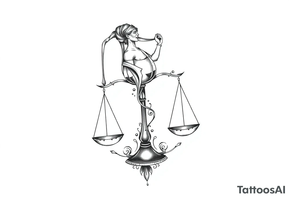 I want a tattoo that combines the Aquarius water bearer and the Libra scales. The water should flow elegantly from the jug, merging into or balancing the scales below. tattoo idea