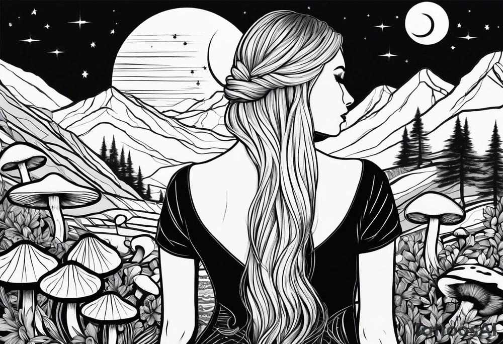 Straight blonde hair girl facing away toward mountains surrounded by mushrooms crescent moon mandala circular design black and white striped dress tattoo idea