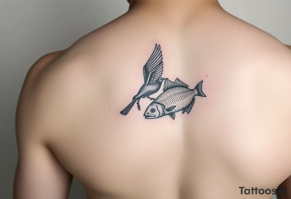 minimal fine line bird and fish tattoo, for chest, man. tattoo idea