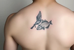 minimal fine line bird and fish tattoo, for chest, man. tattoo idea