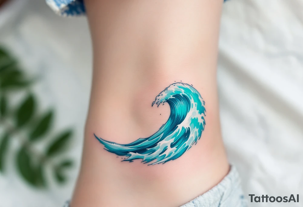 A turquoise wave crashes in delicate linework on the ankle, accented with silver highlights. tattoo idea