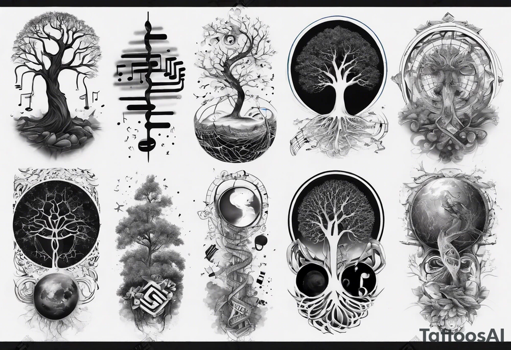 full arm sleeve tattoo... DNA, science, guitar, piano, music. tree of life, focus, masculine tattoo idea