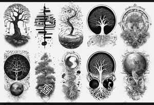 full arm sleeve tattoo... DNA, science, guitar, piano, music. tree of life, focus, masculine tattoo idea