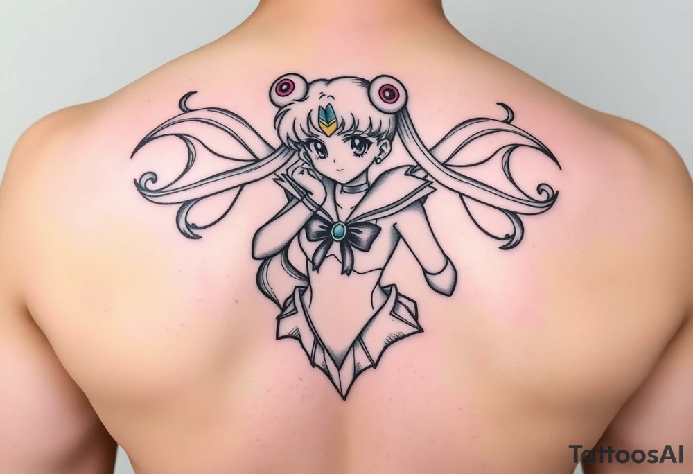 full color tattoo of sailor moon's full body, make it feminine and realistic tattoo idea