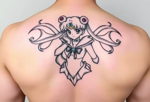 full color tattoo of sailor moon's full body, make it feminine and realistic tattoo idea