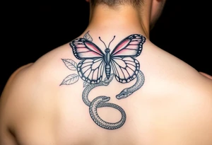 Red Butterfly with leafs and a beautiful snake tattoo idea