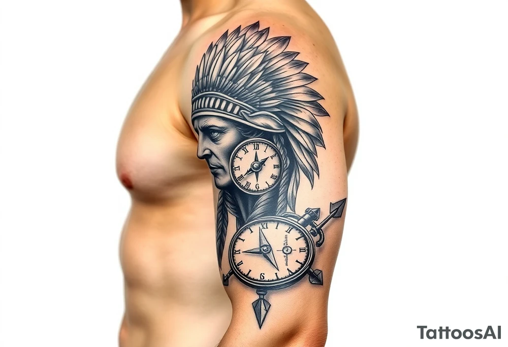 headdress a compass and a clock and arrowhead tattoo idea