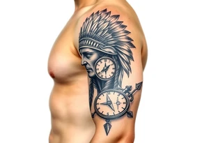 headdress a compass and a clock and arrowhead tattoo idea