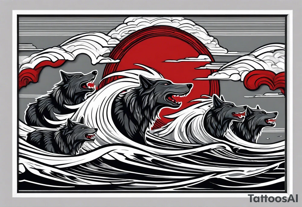 a pack of 3 howling muscular  gray wolves surfing waves with a linear background with red, white and black and gray tattoo idea