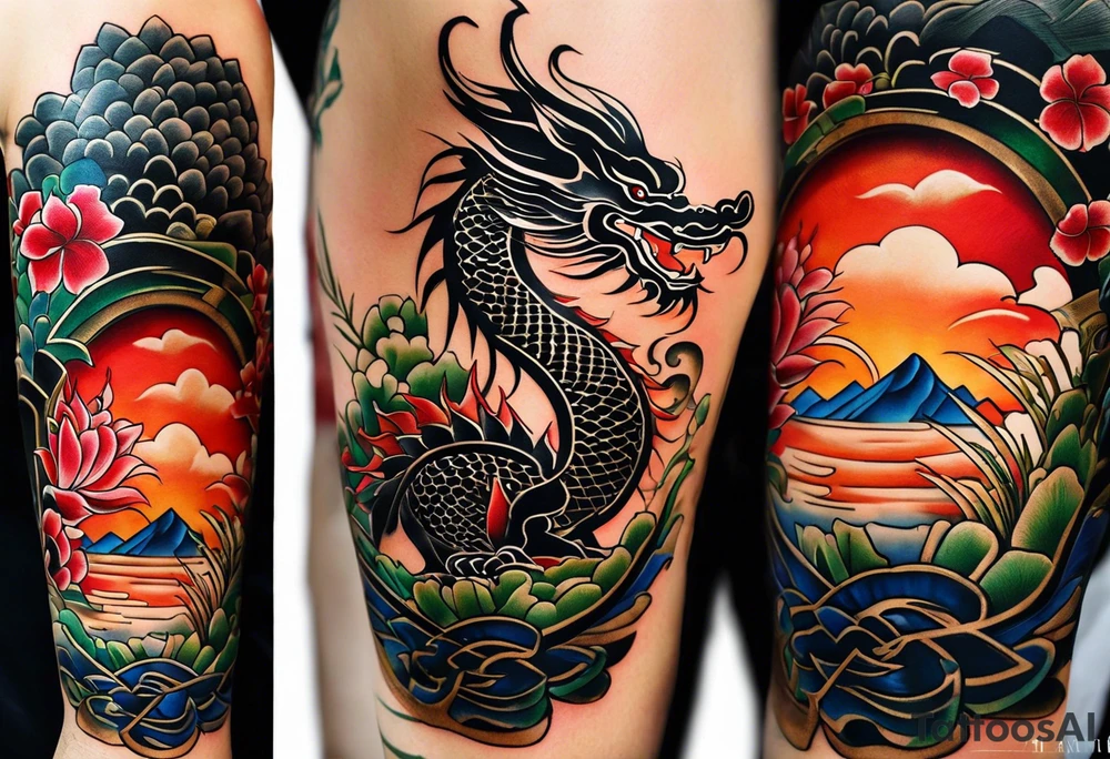 A black Vietnamese tattoo design featuring intricate depictions of sacred animals like the dragon and turtle intertwined with majestic mountains and lush rice fields. Incorporate iconic elements such as the conical straw hat floating above, surrounded by blooming lotus flowers and traditional silk lanterns. The tattoo reflects the essence of Vietnam's breathtaking nature, with swirling mist and flowing water elements woven into the composition, merging traditional artistry with a modern flair. Use a color palette that evokes the lush greens of the countryside and the warm tones of sunset. tattoo idea