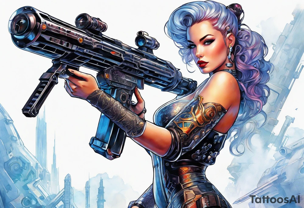 cyborg pinup girl holding massive weapon, retro futurism, no tattoos tattoo idea