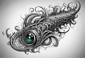 Long tattoo for forearm. Lovecraftian creature, flowing into more futuristic technology elements. Long tentacles. tattoo idea